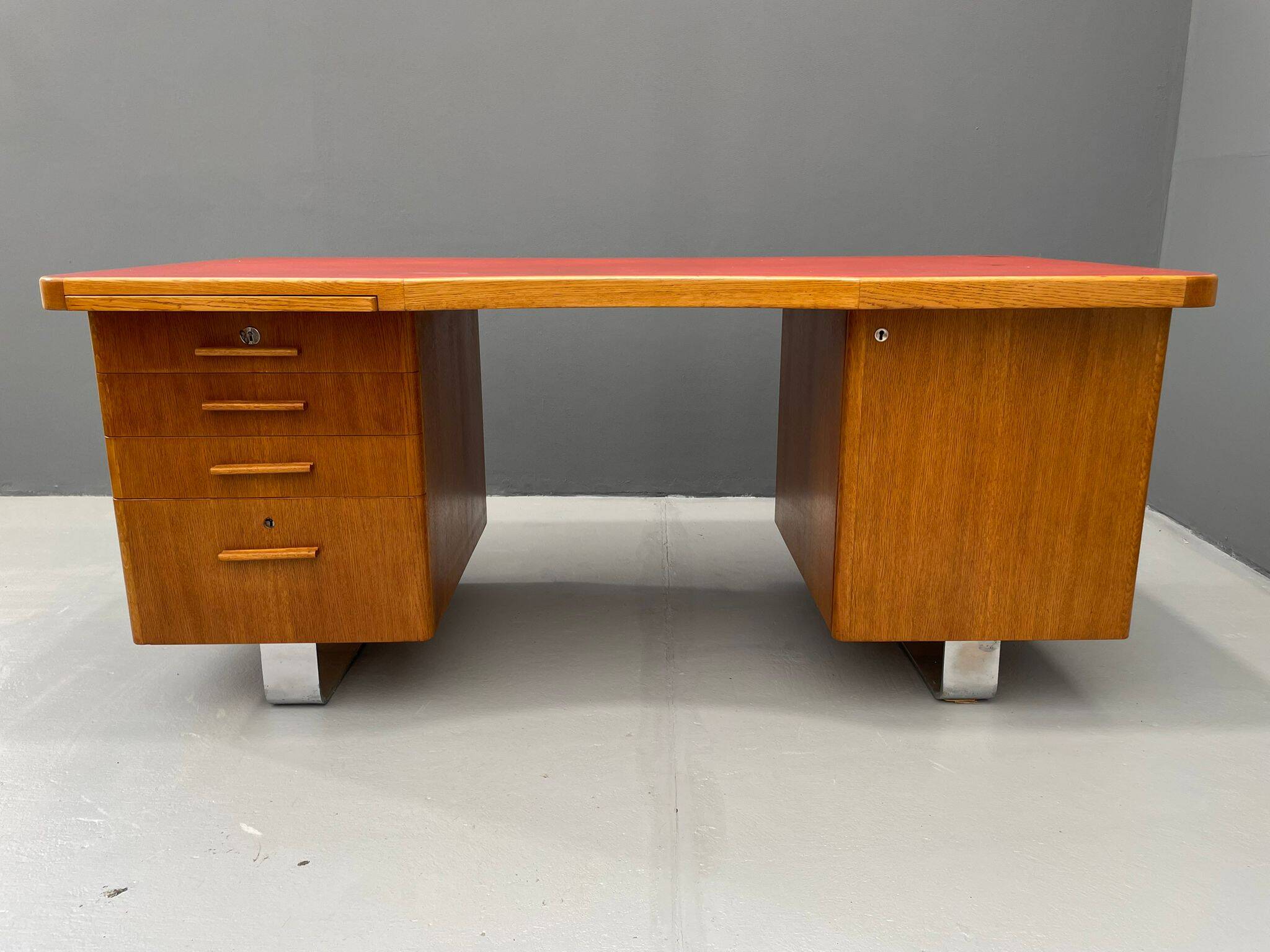 Bauhaus Walnut Writing Desk with Red Top