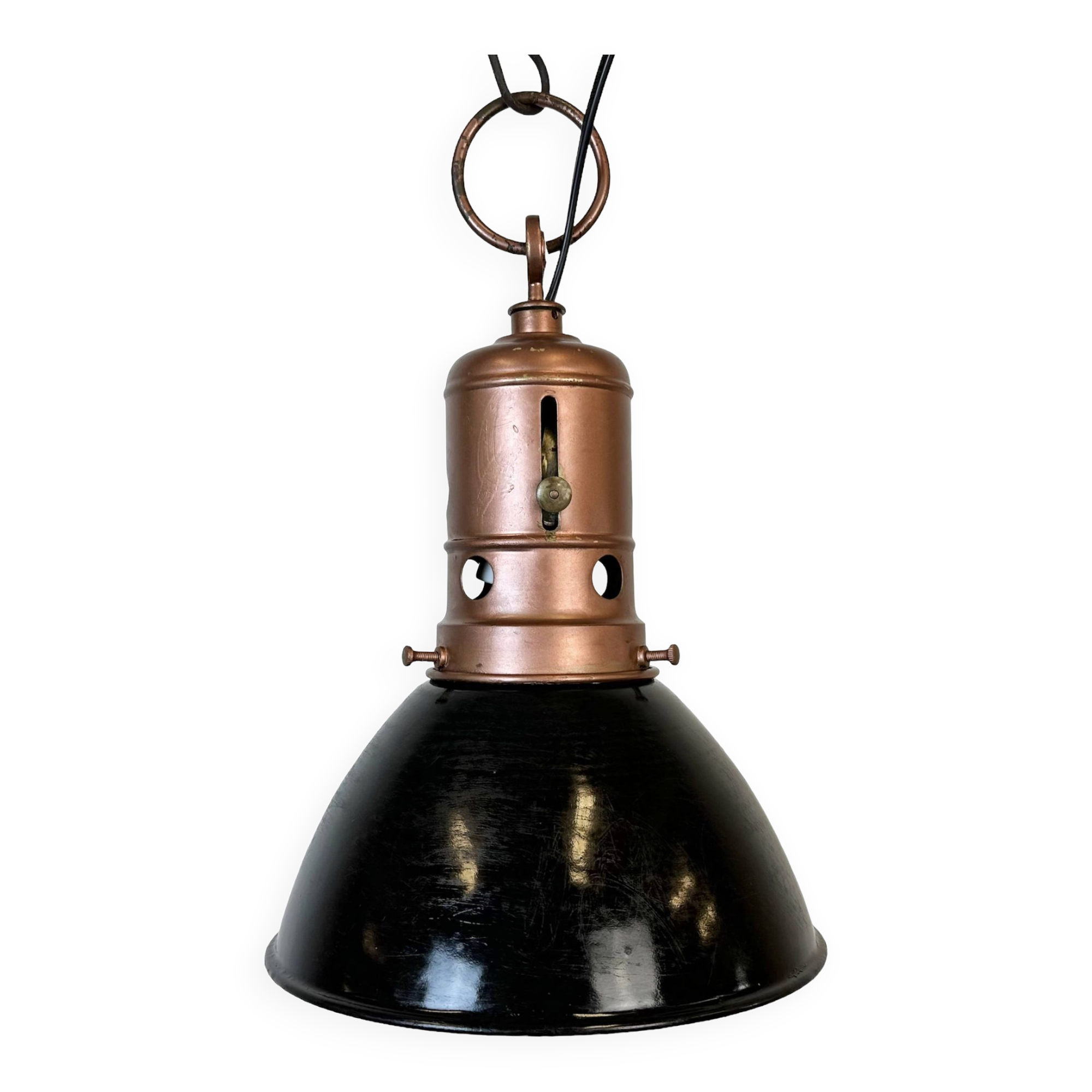 Industrial Italian Black Enamel Factory Lamp with Iron Top, 1950s