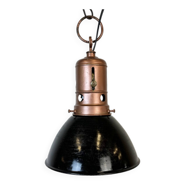Industrial Italian Black Enamel Factory Lamp with Iron Top, 1950s