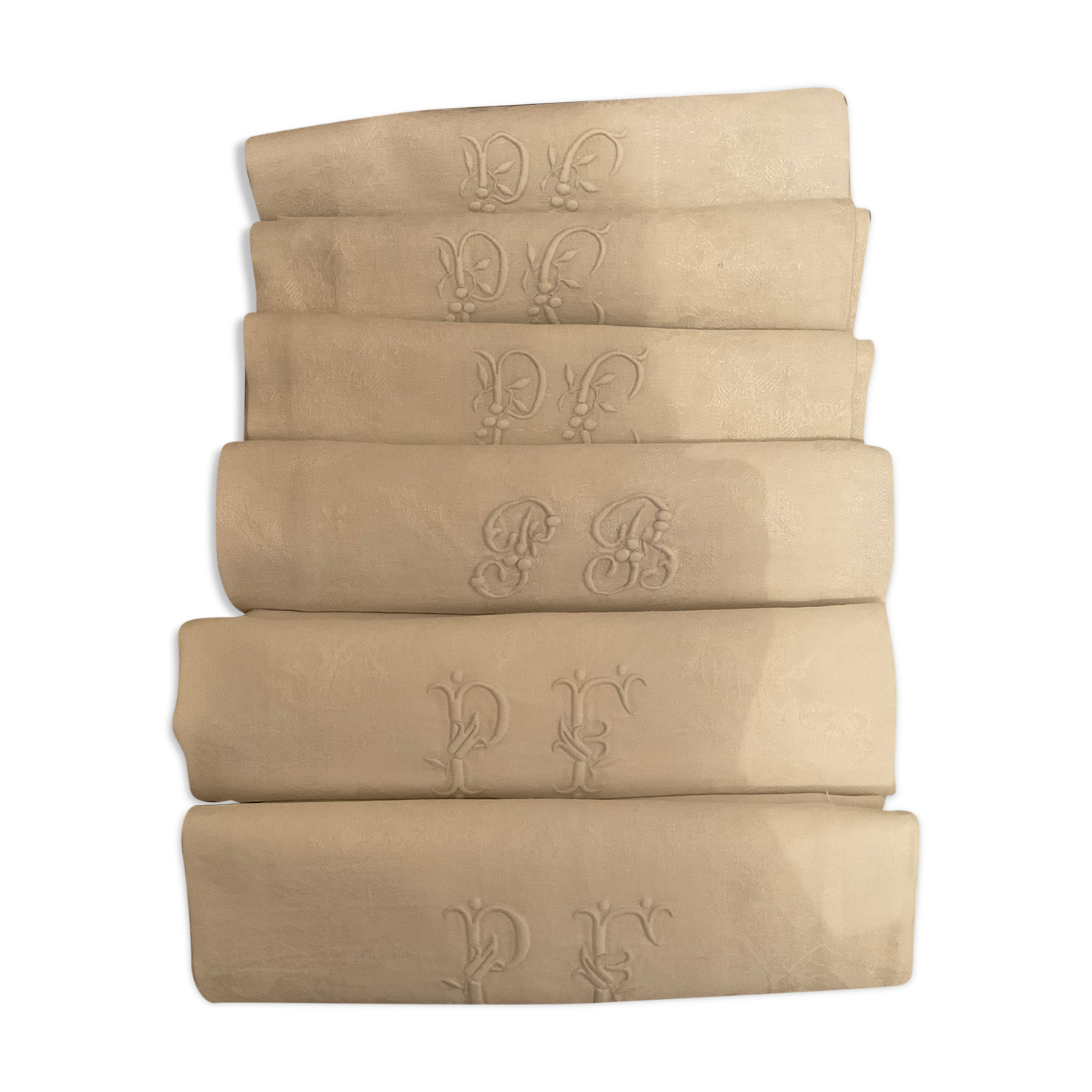 6 linen damask towels, monogram pc/pf/pb