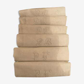 6 linen damask towels, monogram pc/pf/pb
