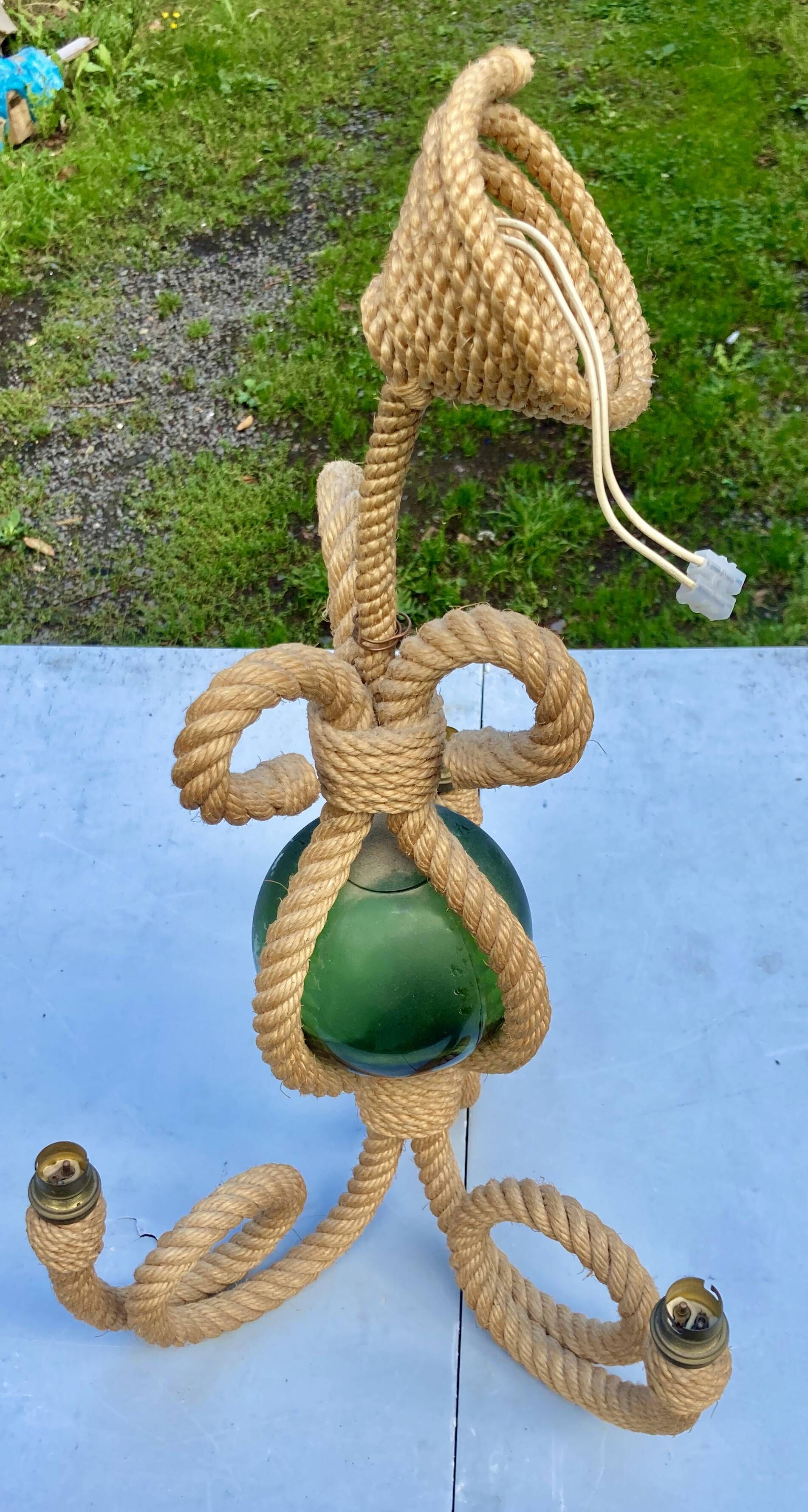 Audoux & Minet - vintage cord chandelier with 3 lights - France circa 1950