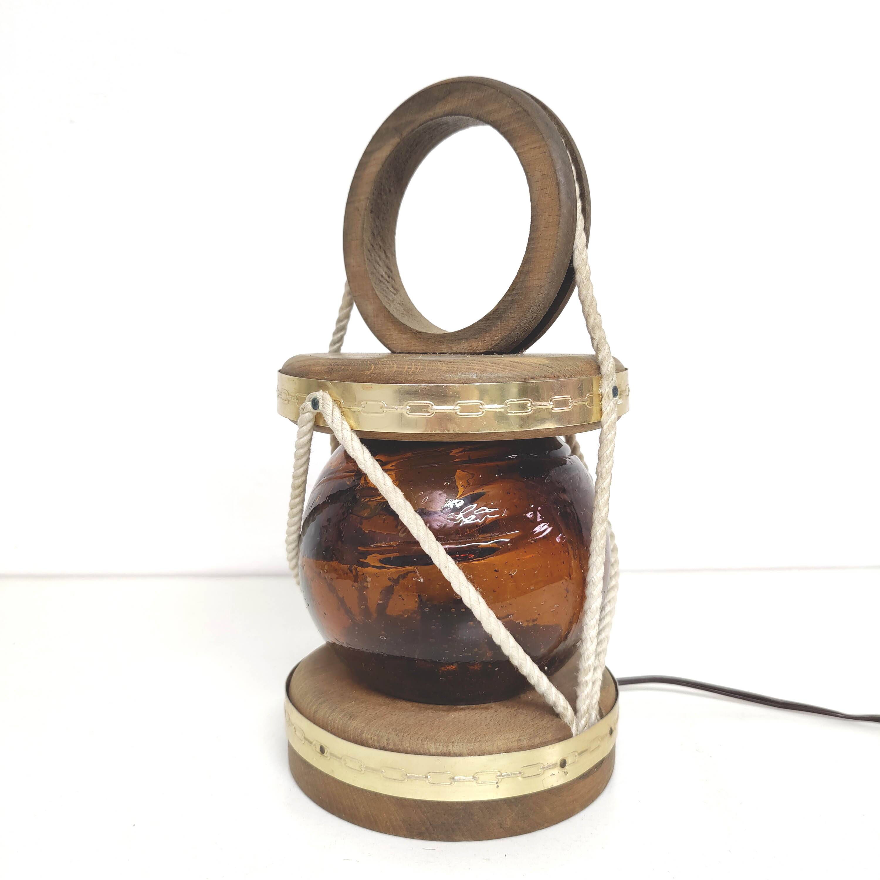 Marine lamp float amber blown glass wood and rope