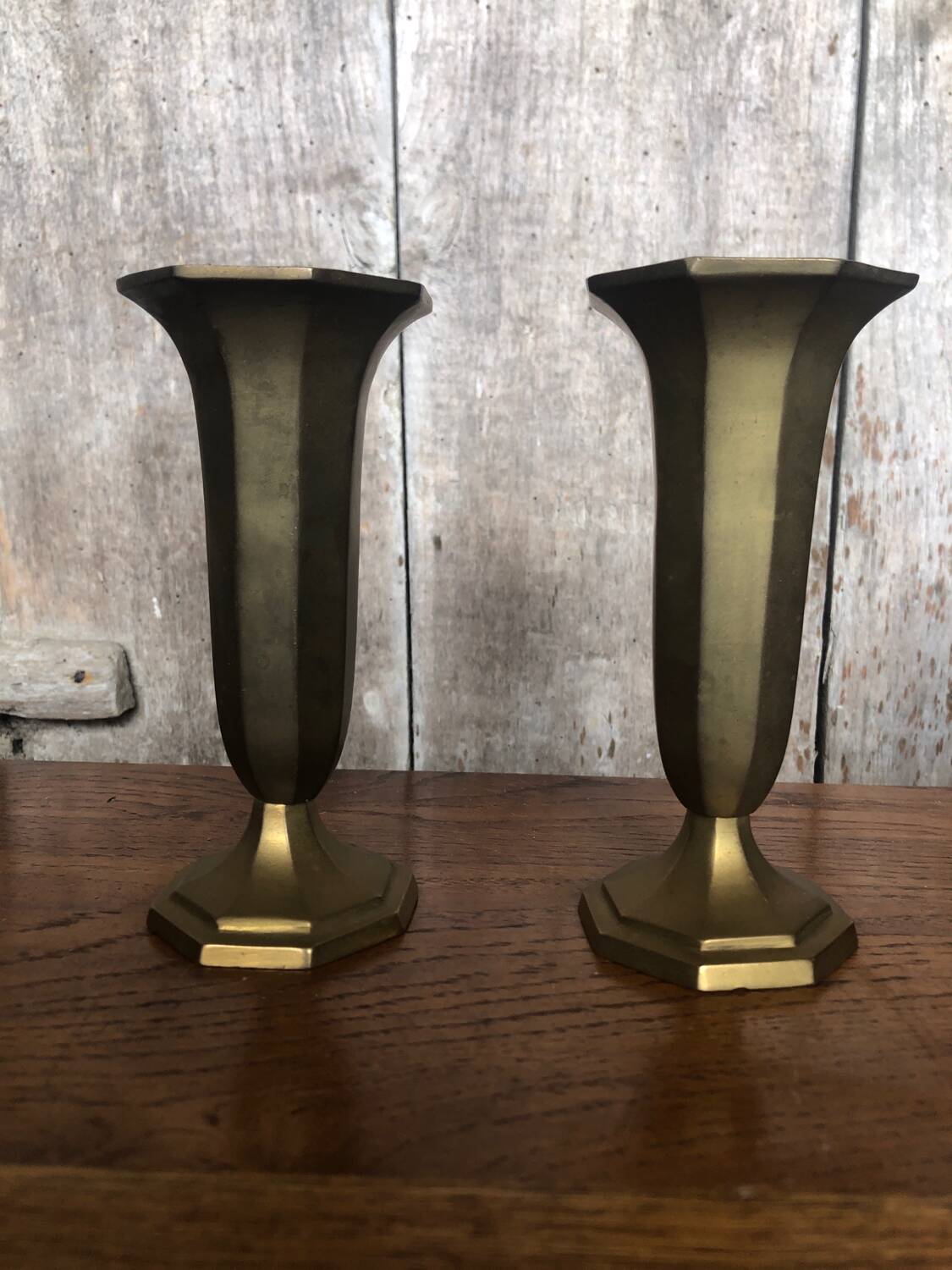 Pair of old art deco vases in vintage brass