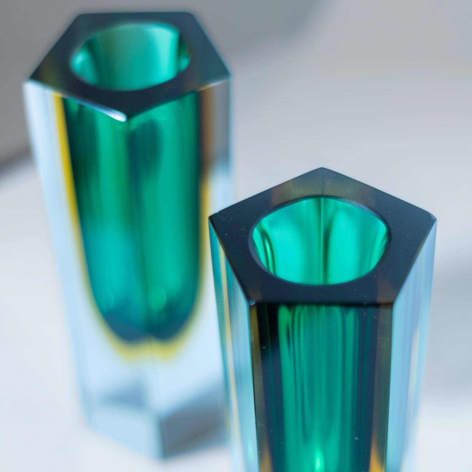 Flavio Poli Murano Sommerso Vases, Green & Yellow Glass, Set of Two