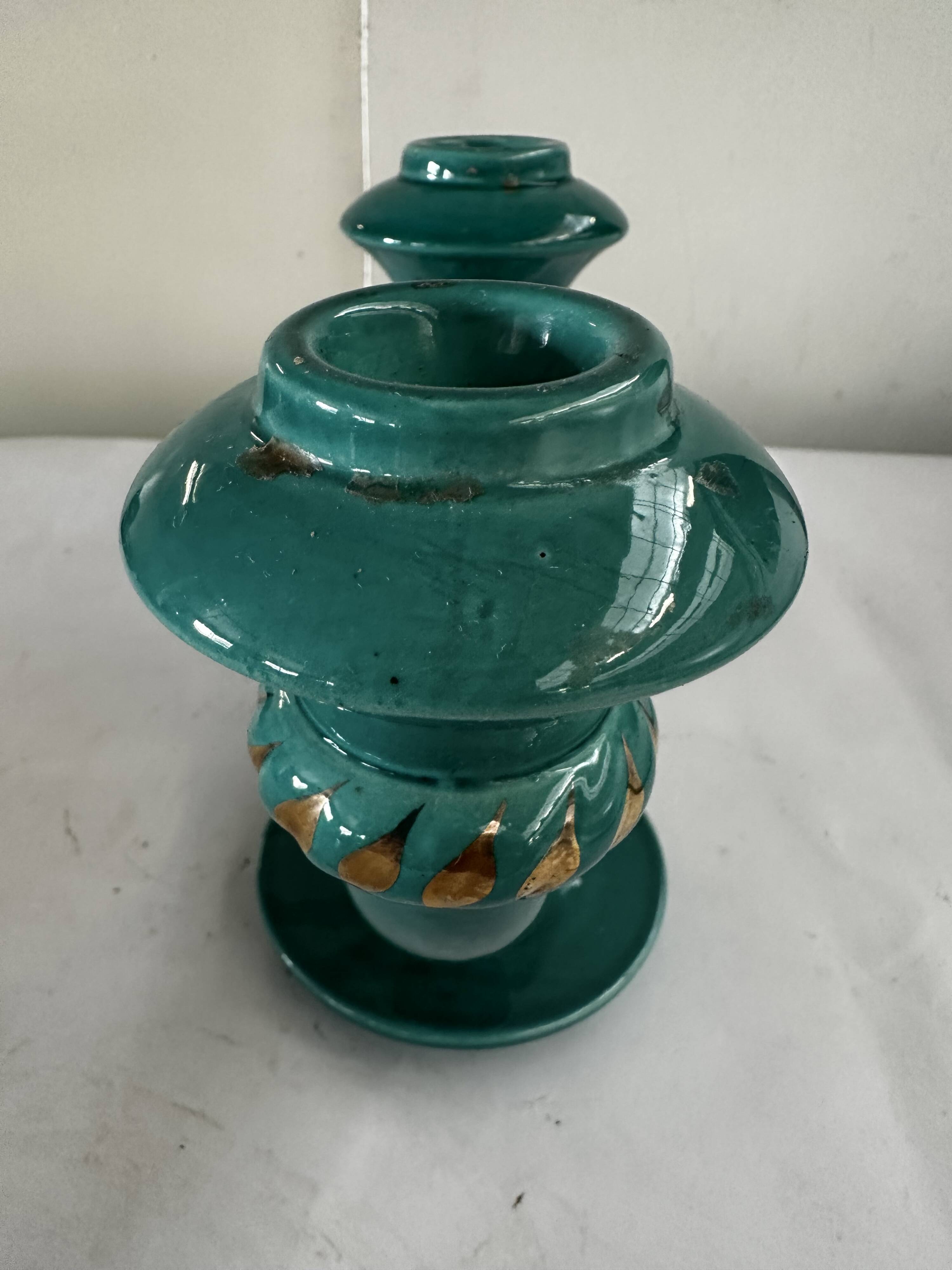 Art Deco candlestick in green and gold glazed ceramic, attributed to Vallauris
