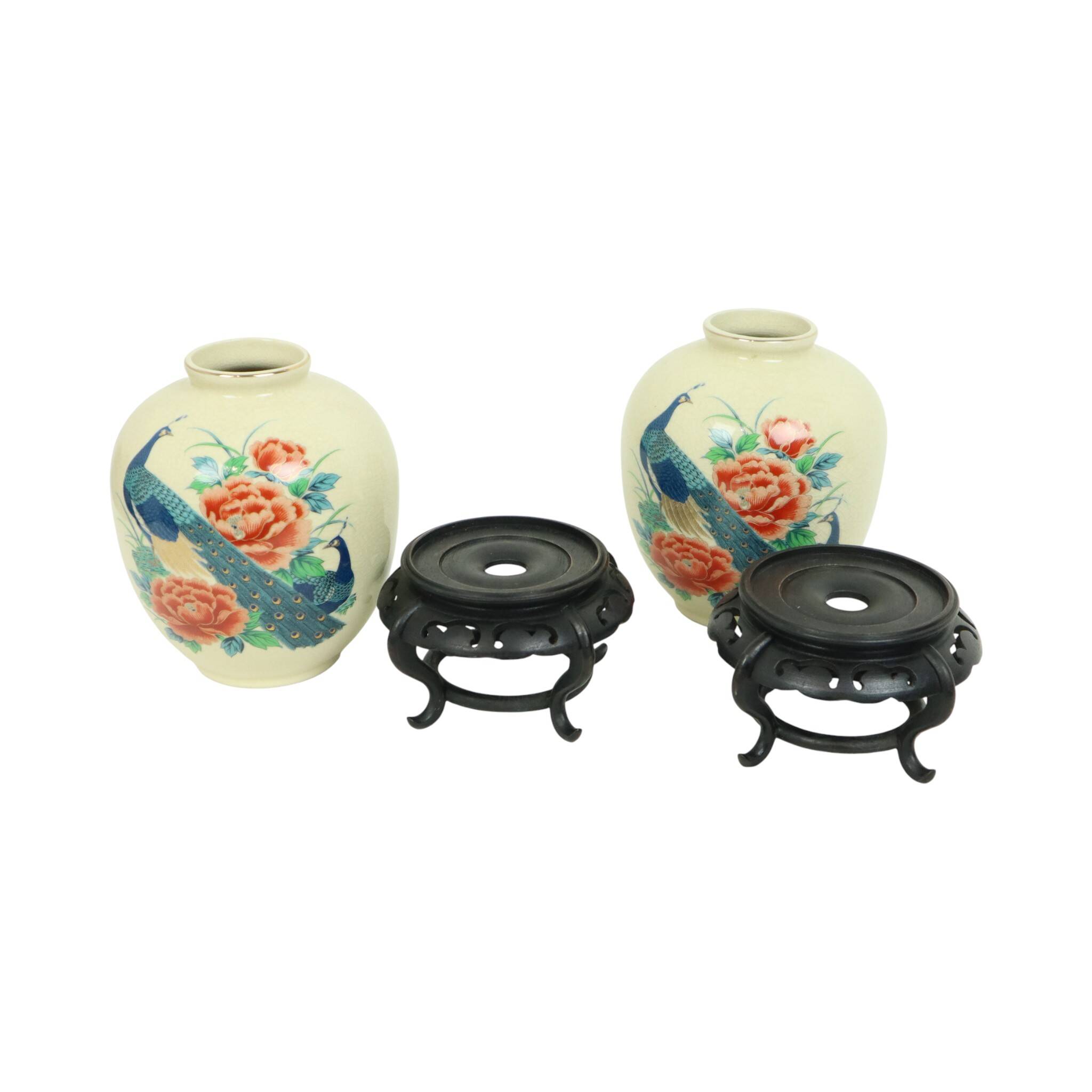 Pair of Japanese Vases Peacocks Flowers Crackle Ceramic 26cm