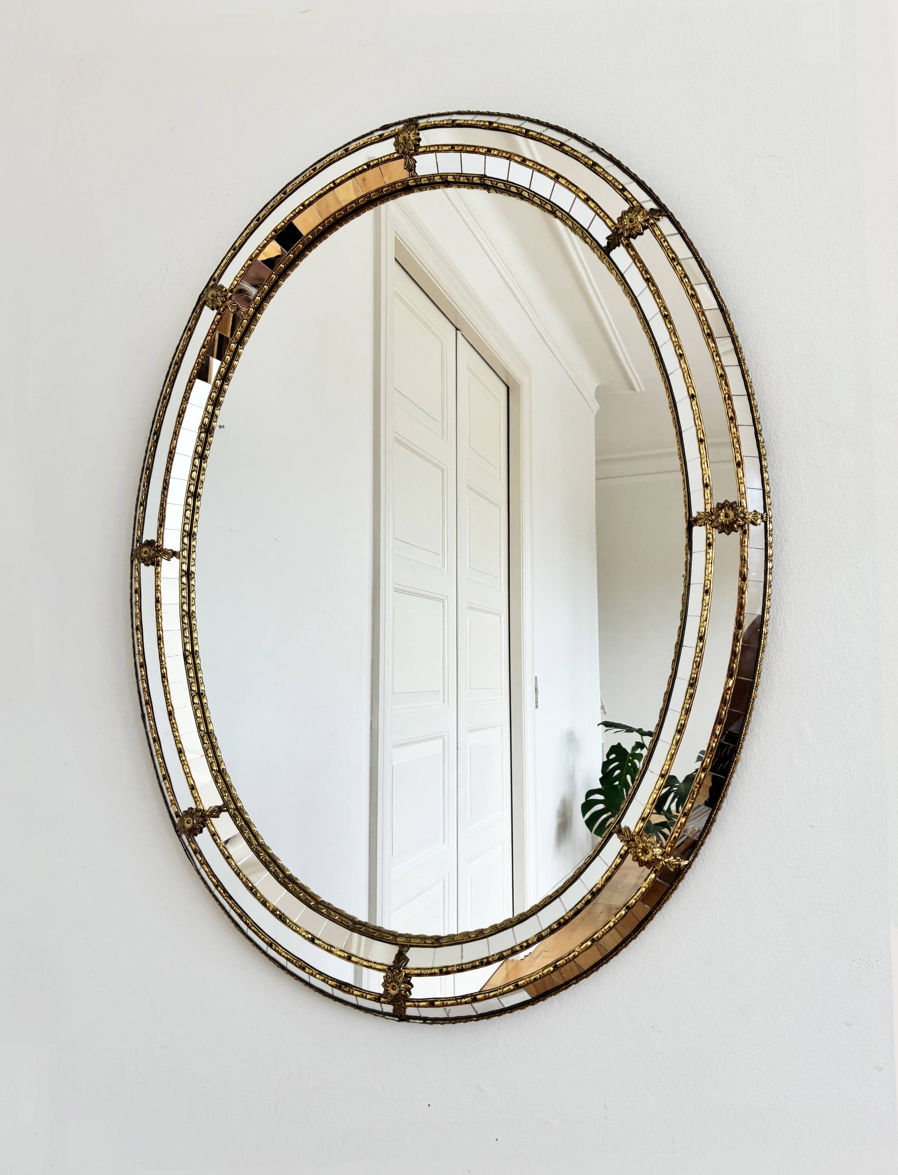 Vintage Spanish Venetian-style wall mirror, oval, brass, 1980s Hollywood Regency