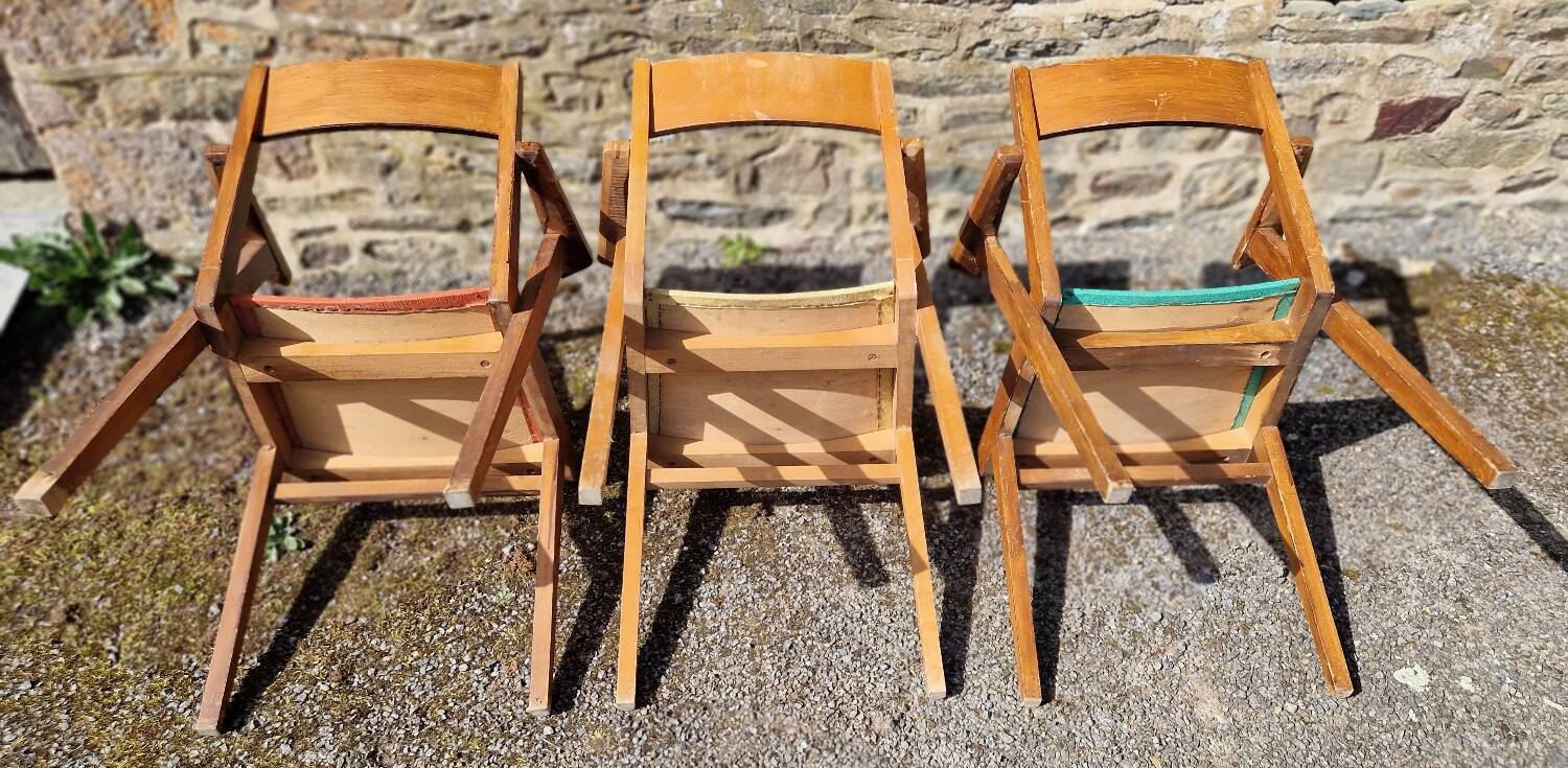Set of 3 bridge armchairs with compass legs from the 50s/60s