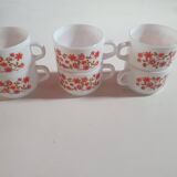 set of 6 vintage Arcopal Scania mugs with small orange liberty flowers from the 70s