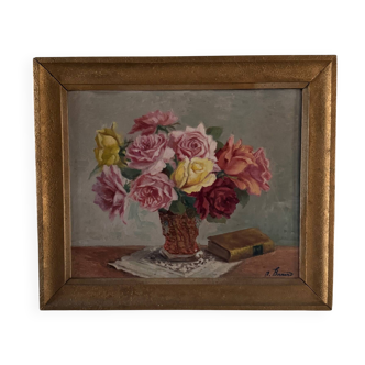 Huile sur panneau nature morte au vase de roses par J. Bernard XXe
