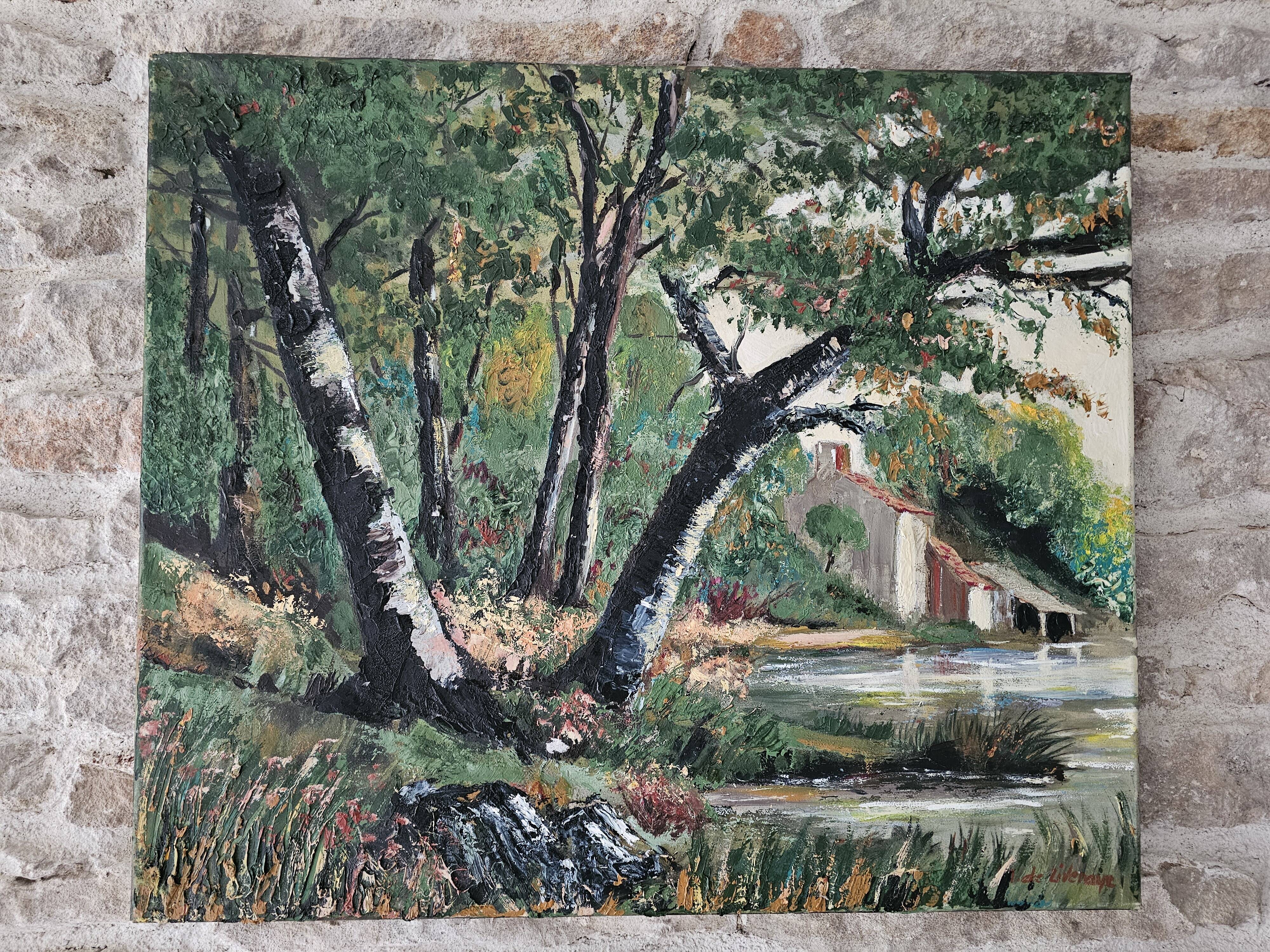 Tableau - Oil on canvas Verdant landscape river Signed M De Livenaye 197