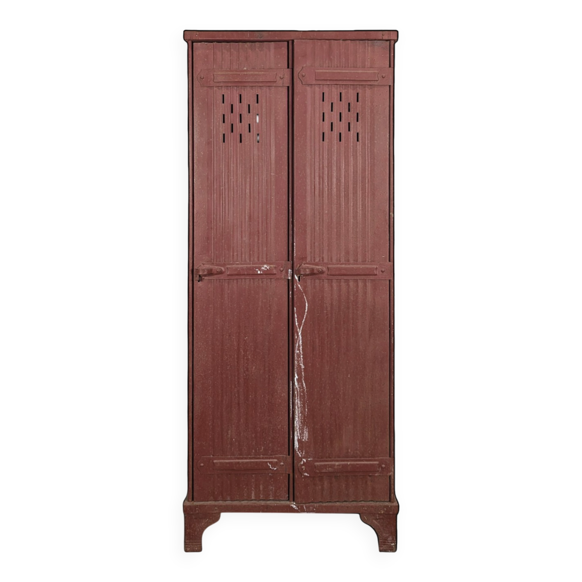 Red painted metal workshop locker with two doors.
