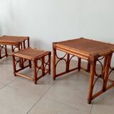 Set of 3 vintage nesting tables in bamboo and woven rattan