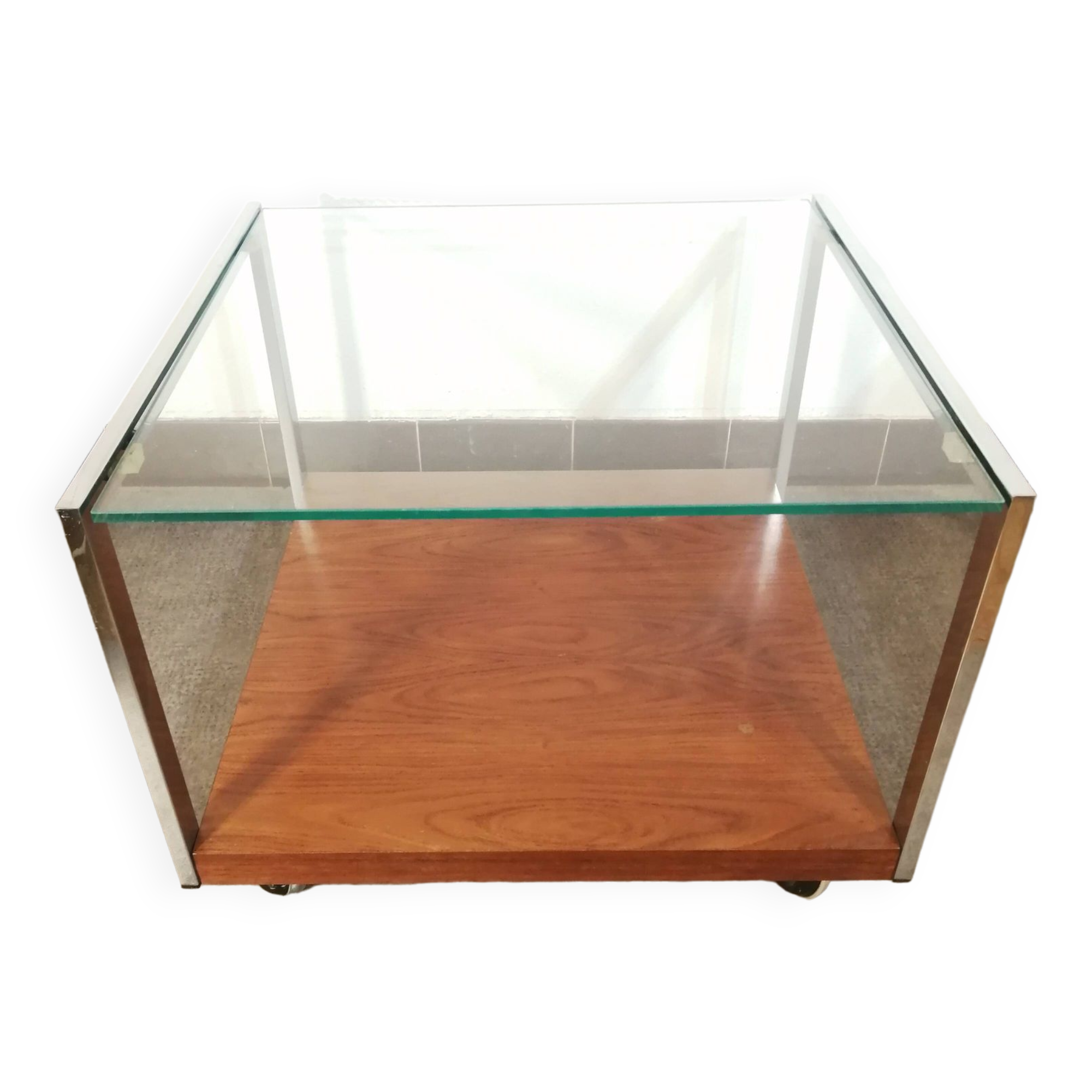 Designer coffee table on wheels, chrome, rosewood and glass from Denisco made in Italy 1970