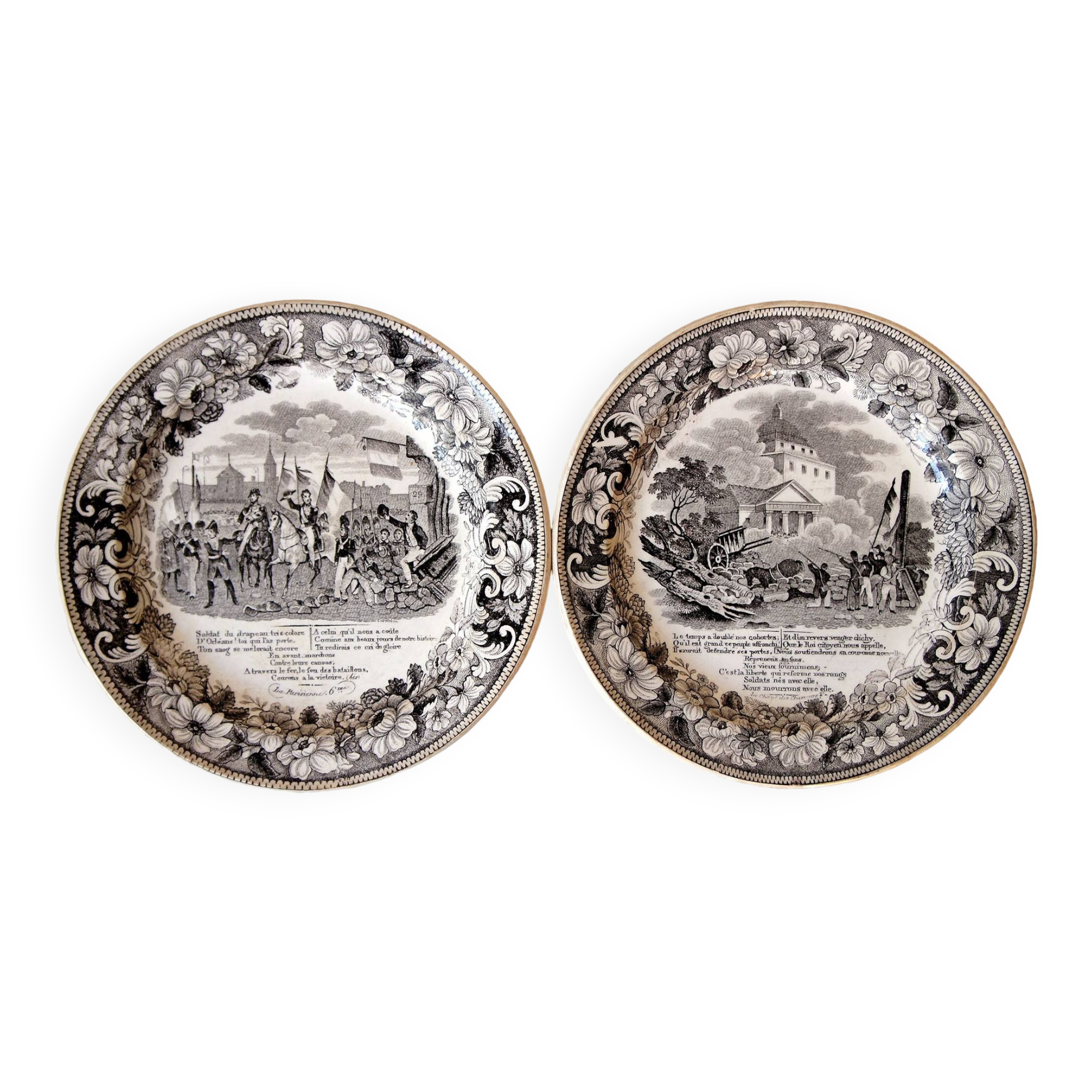 Set of 2 talking plates by Montereau Lebeuf Thibault 19th century