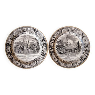 Set of 2 talking plates by Montereau Lebeuf Thibault 19th century