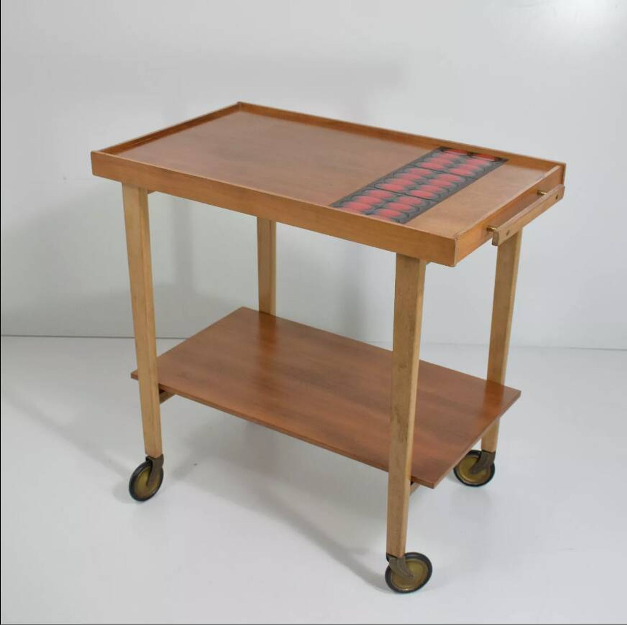 Vintage rolling bar or serving trolley, red ceramic, 1950s design