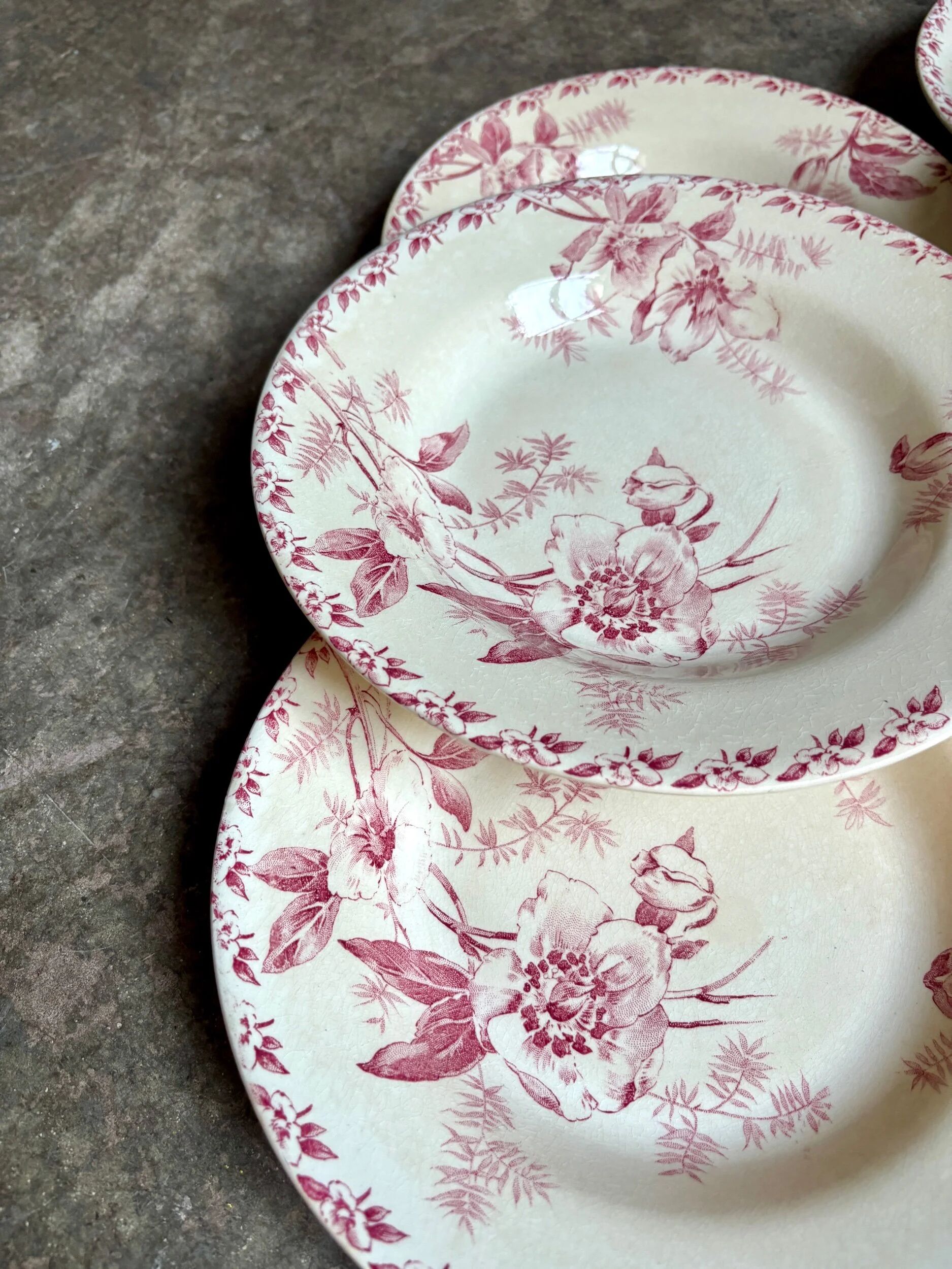 6 pink ironstone deep plates from Gien, "Roses de Noël" service.