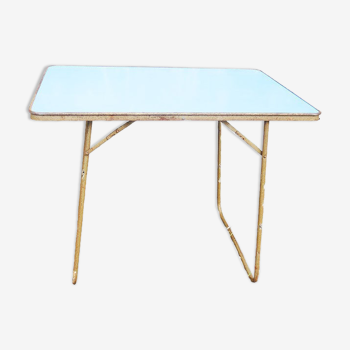 Ancienne table de camping pliable bleu turquoise