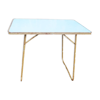 Ancienne table de camping pliable bleu turquoise