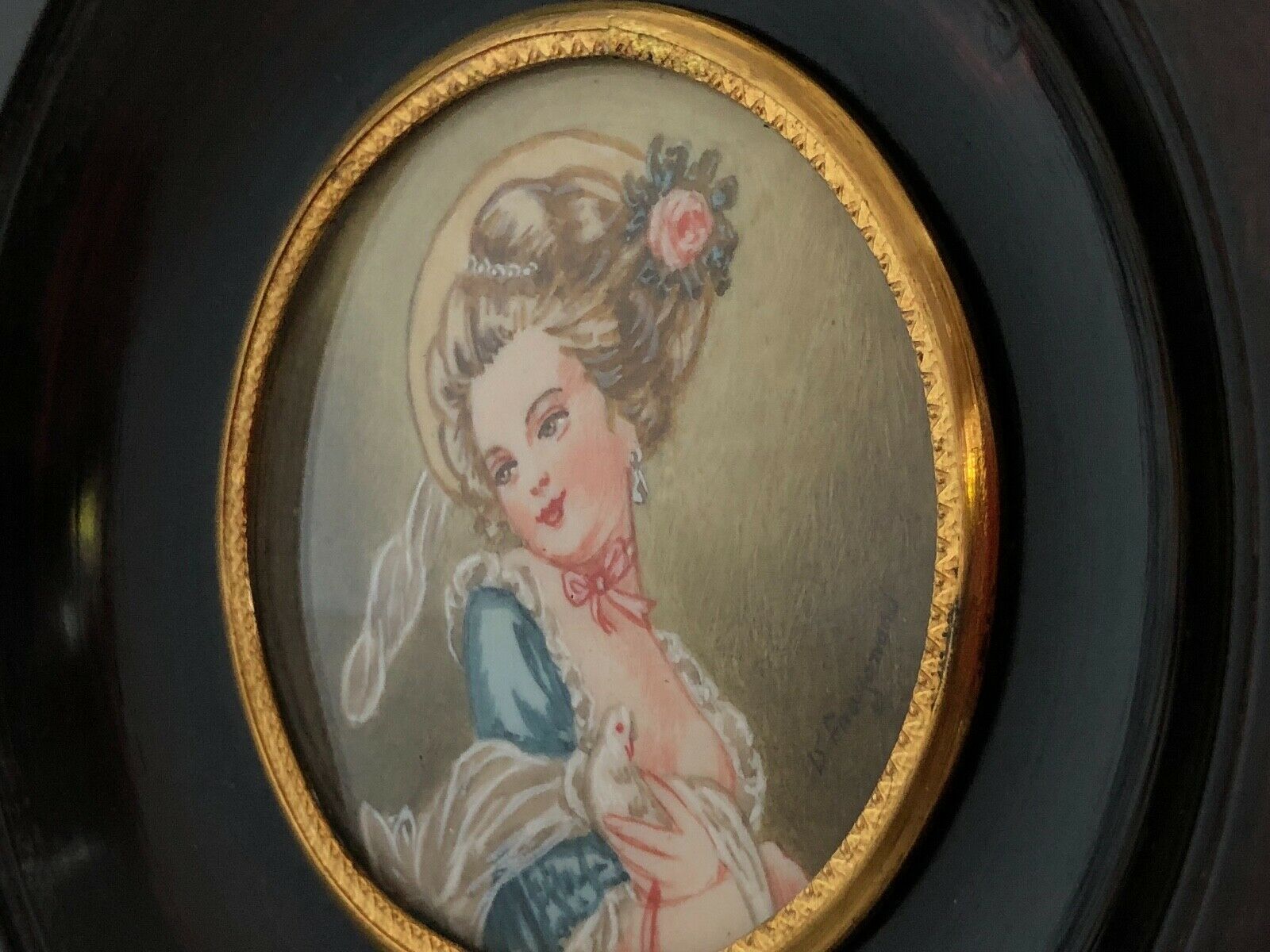 Miniature peinte à la main d'apres Fragonard cadre en bois vers 1900