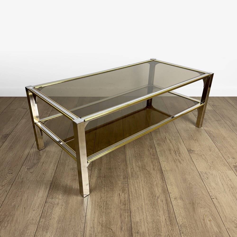 Chrome and smoked glass coffee table with double top from the 1970s.