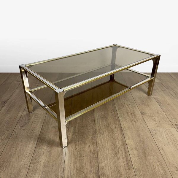 Table basse en chrome et verre fumé à double plateau, années 70