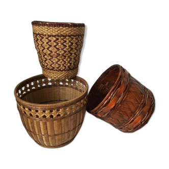 Set of three baskets in wicker and bamboo