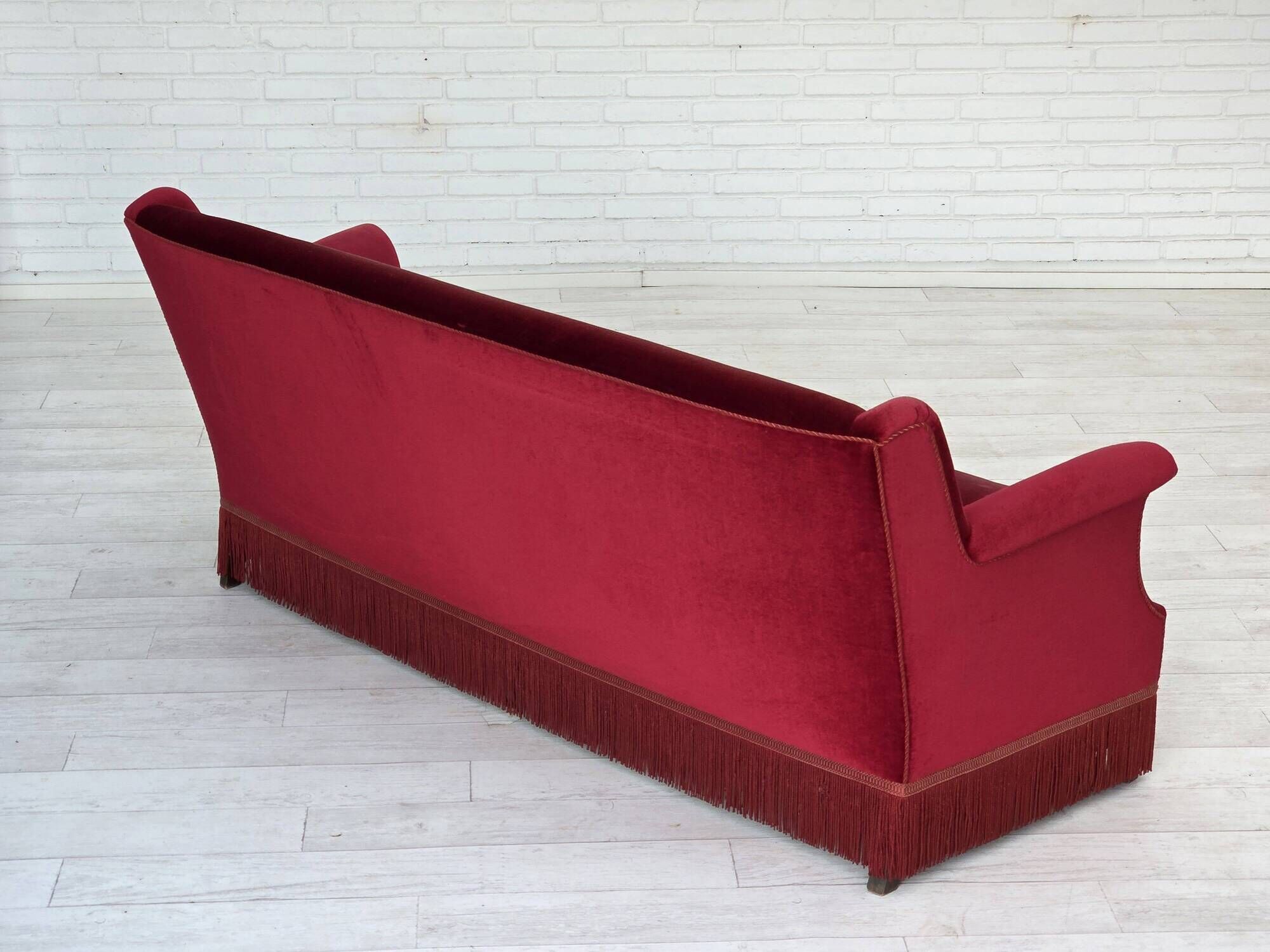 1960s, Danish 3-seater sofa, cherry-red furniture velour, ash wood.