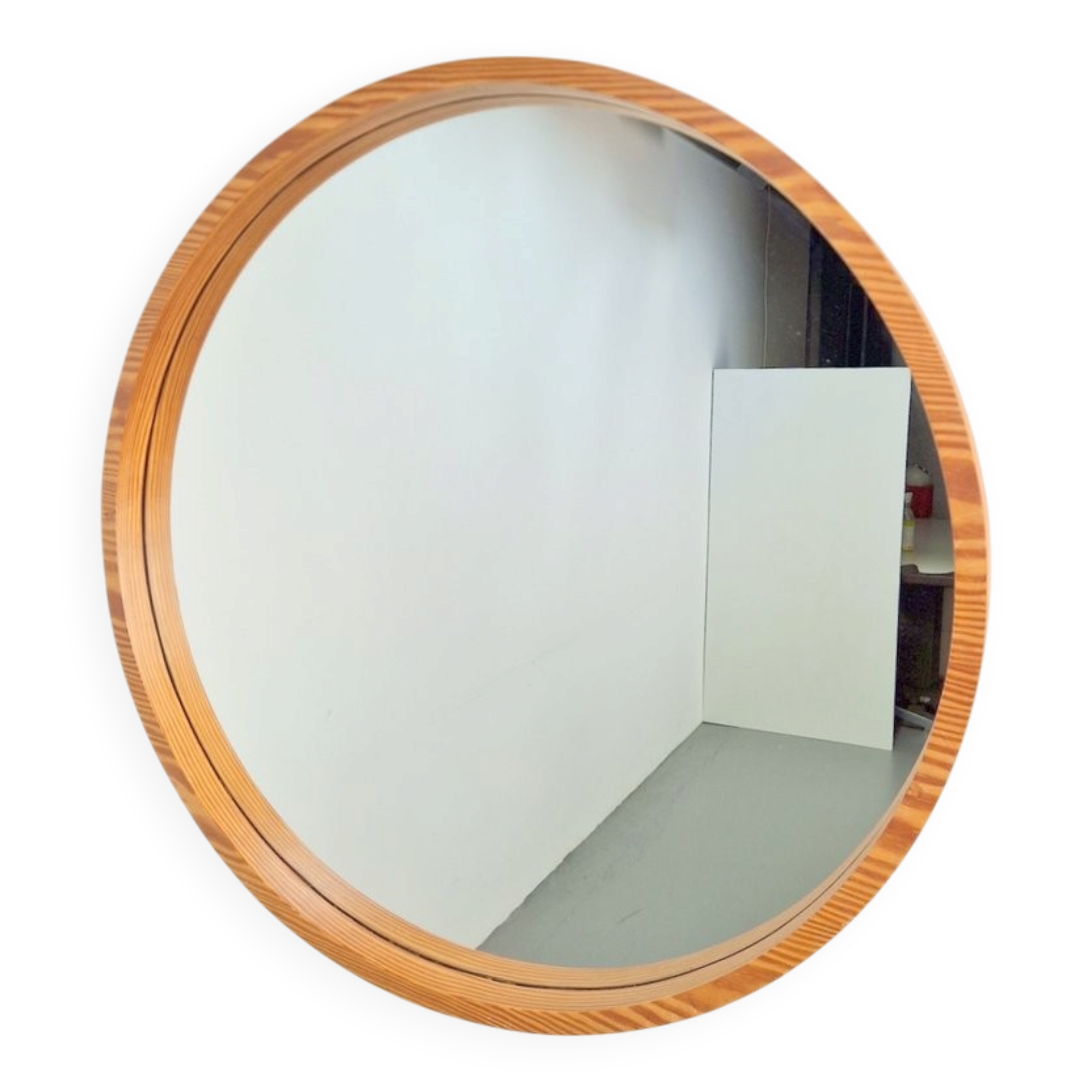 Large Mid-Century Round Pine Mirror, Denmark, 1960s