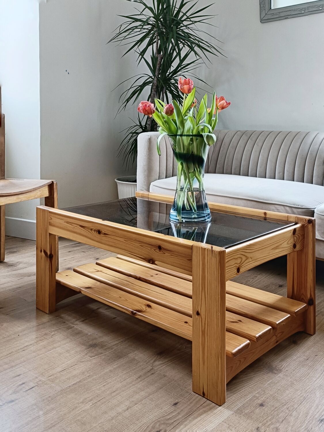 Vintage coffee table in pine and smoked glass, 1970-1980