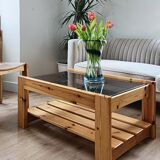 Vintage coffee table in pine and smoked glass, 1970-1980
