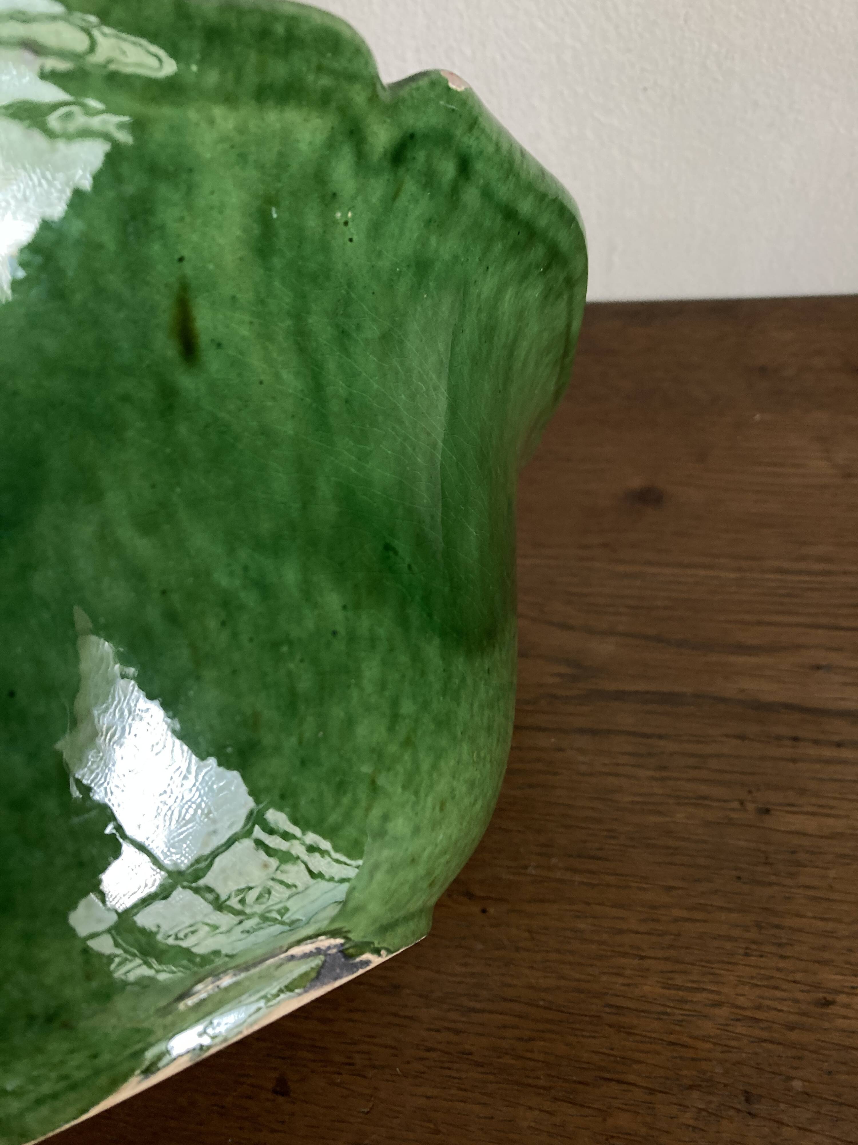 1960s centrepiece bowl in glazed Biot pottery with green scallops XL