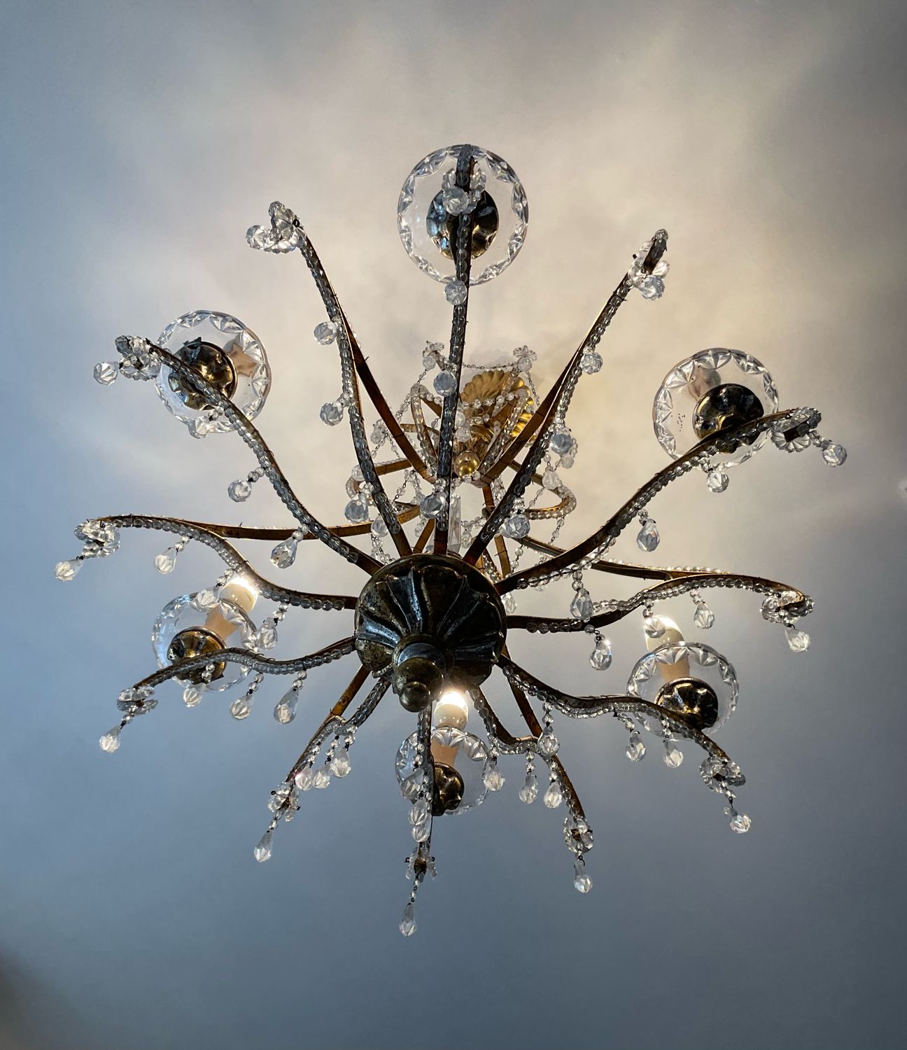 Old Venetian chandelier with Bohemian crystal tassels and gilded wood