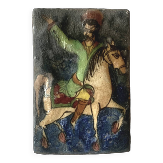 Ancient Persian glazed ceramic wall plaque - Horseman decor