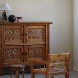 Tage Poulsen, a pair of brutalist chairs in pine and cord, Danish modern style, 1970s.