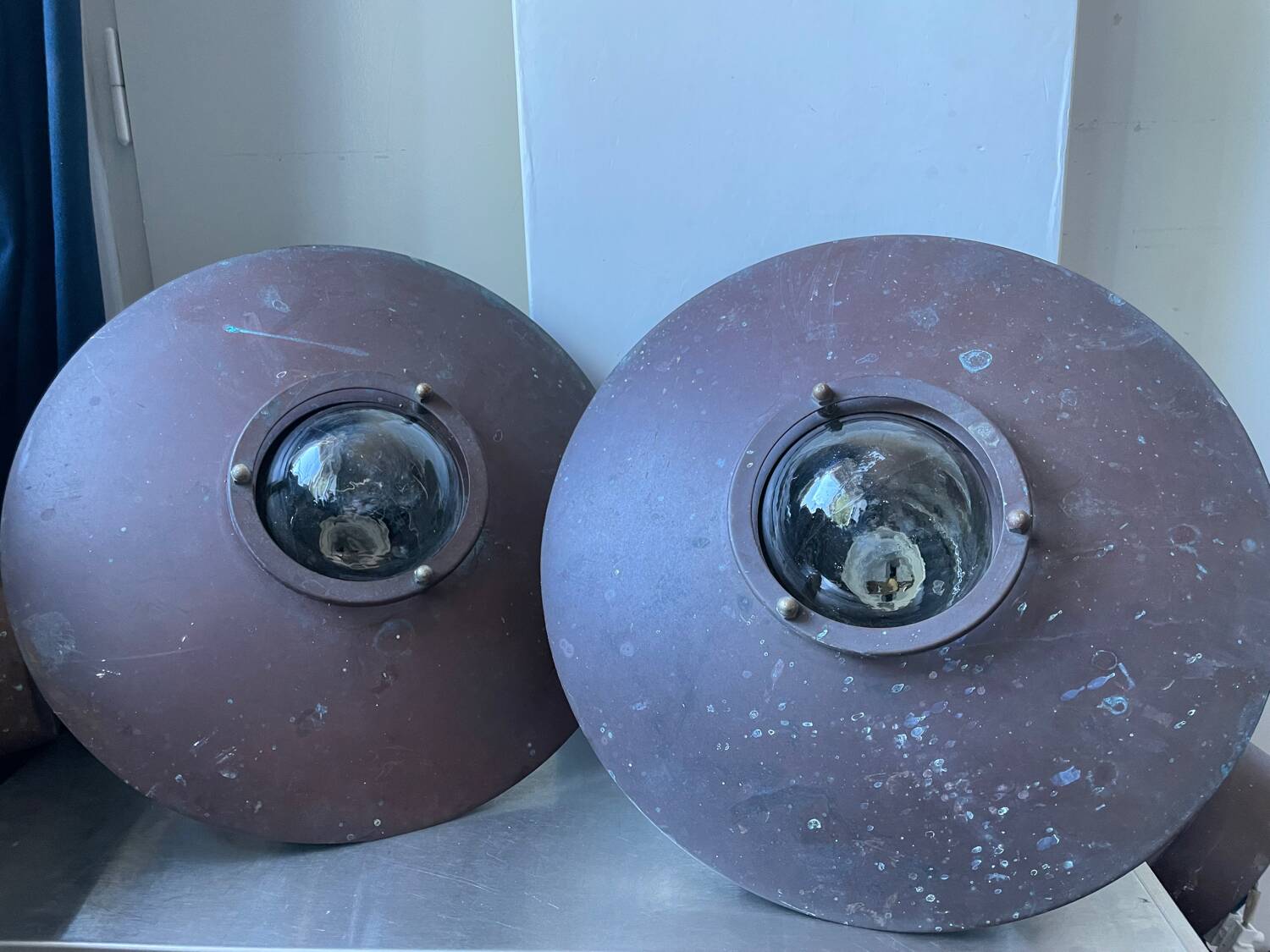 Pair large classic danish mcm outdoor wall lamps in  copper