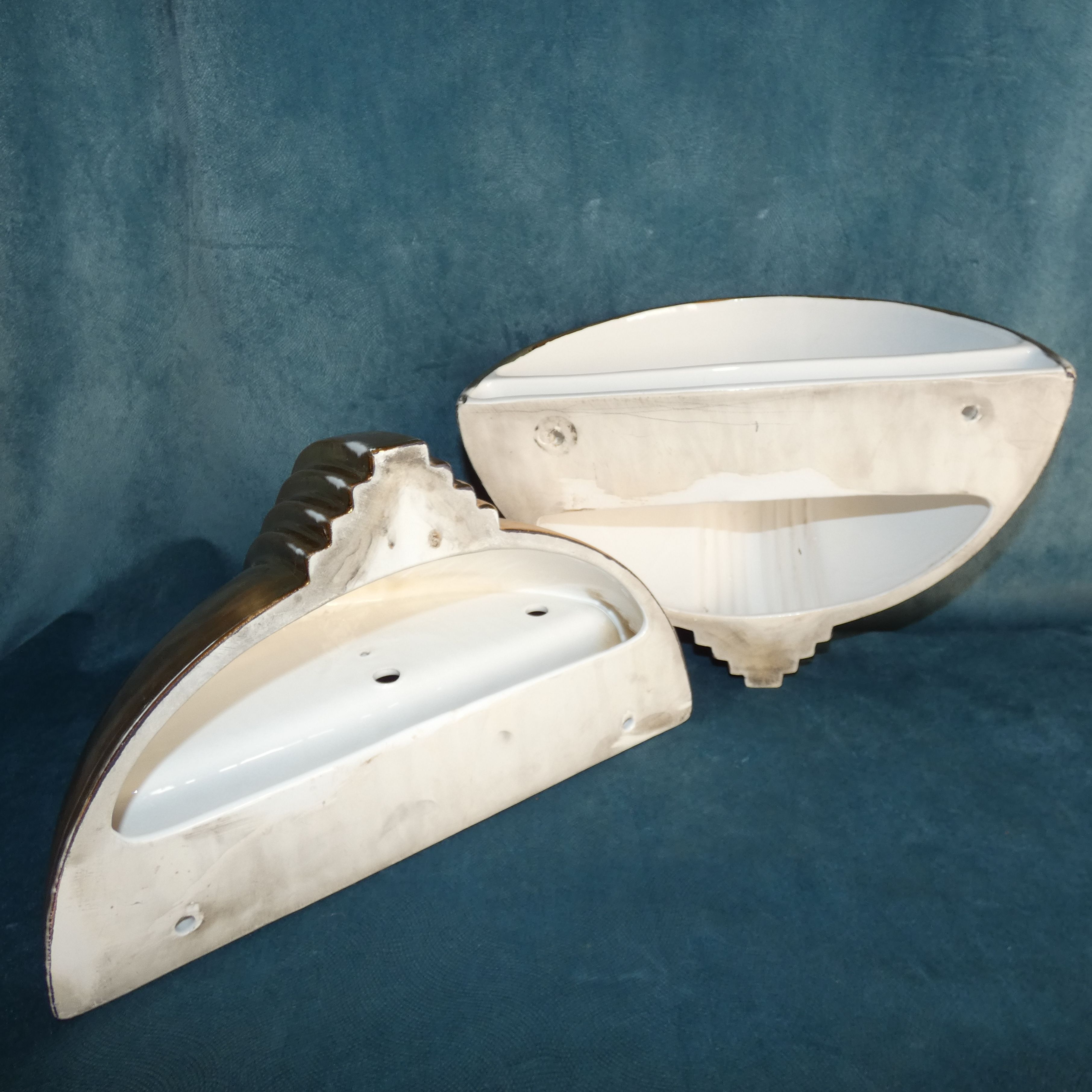 Art deco revival pair of porcelain basin wall lamps golden email circa 1980