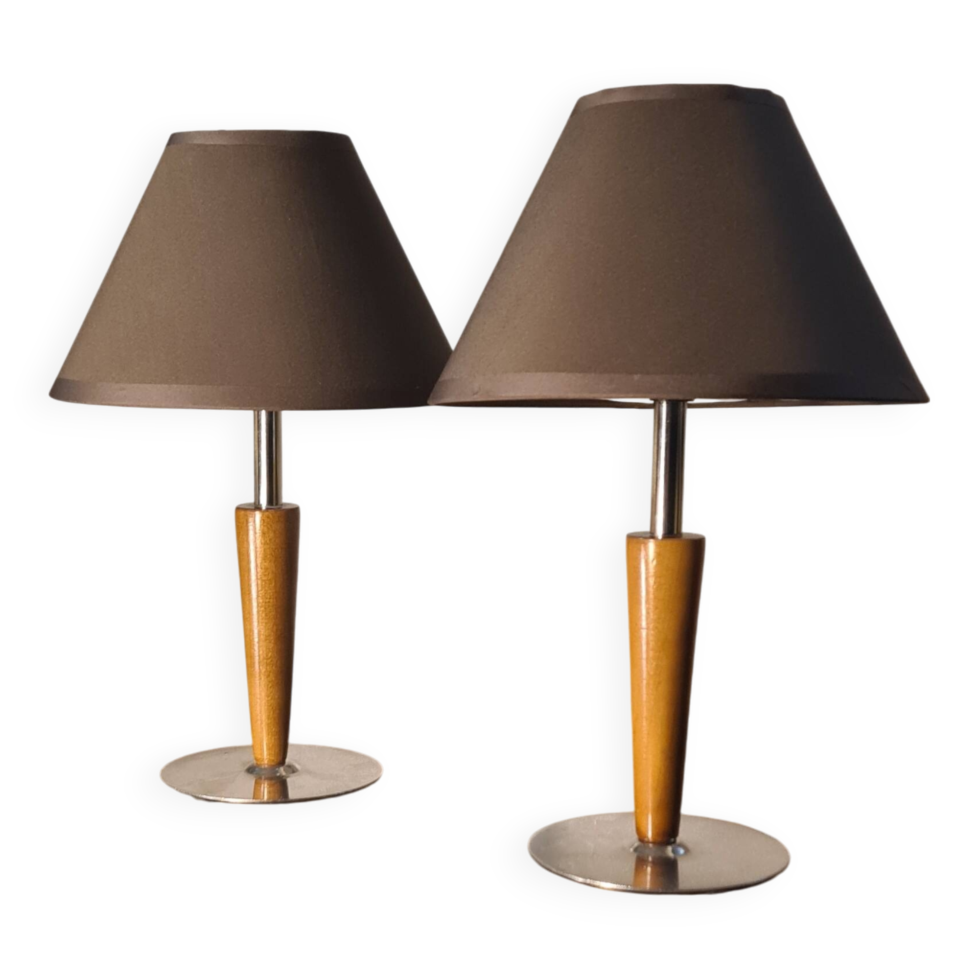 Pair of scandinavian style bedside lamps in wood and silver metal elec ok 30x18