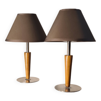 Pair of scandinavian style bedside lamps in wood and silver metal elec ok 30x18