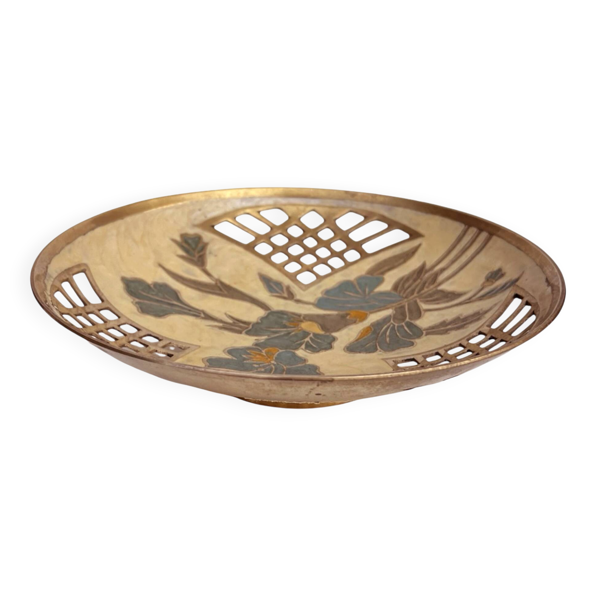 Hand-painted brass platter, France, 1960s.