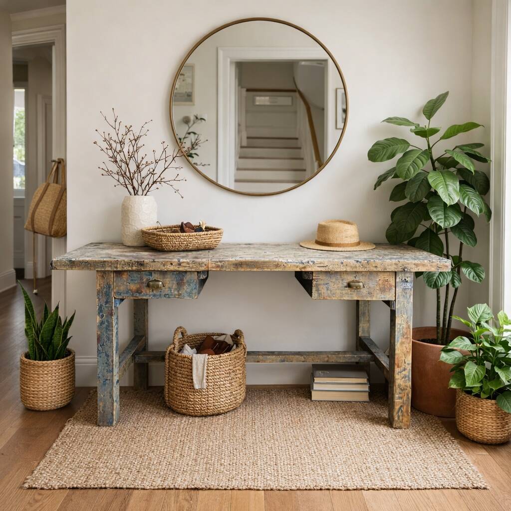 Blue patina beech drawer console established in 1940.