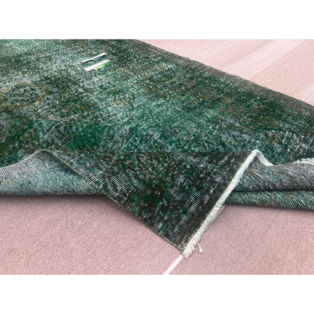Vintage Hand-knotted Turkish Wool Area Rug Overdyed in Dark Green for Living Room