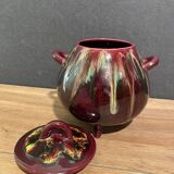 Sugar bowl, candy pot, covered pot in malicorne earthenware signed J. Guet
