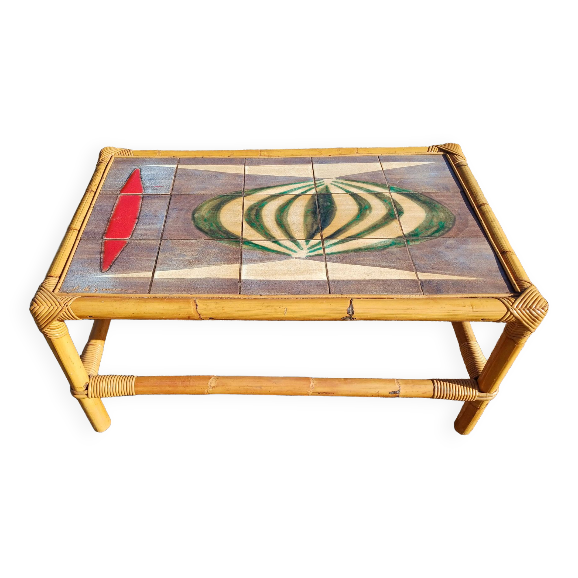 Vintage bamboo and earthenware coffee table signed jl gruer