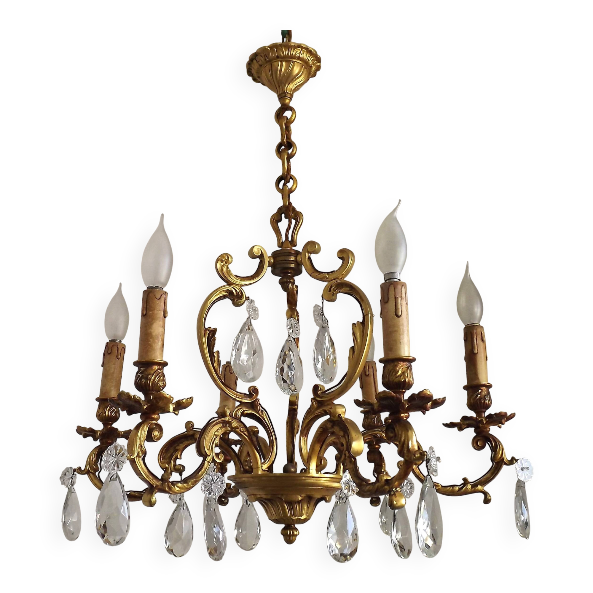 Large Heavy French Art Nouveau 6-Light Brass & Crystal Cage Chandelier