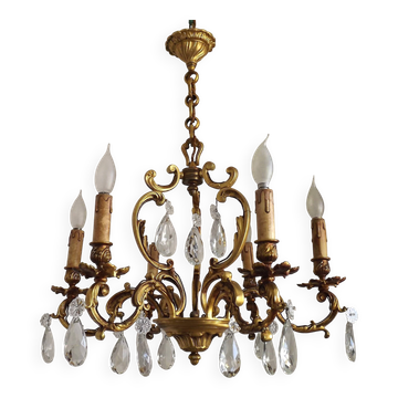 Large Heavy French Art Nouveau 6-Light Brass & Crystal Cage Chandelier