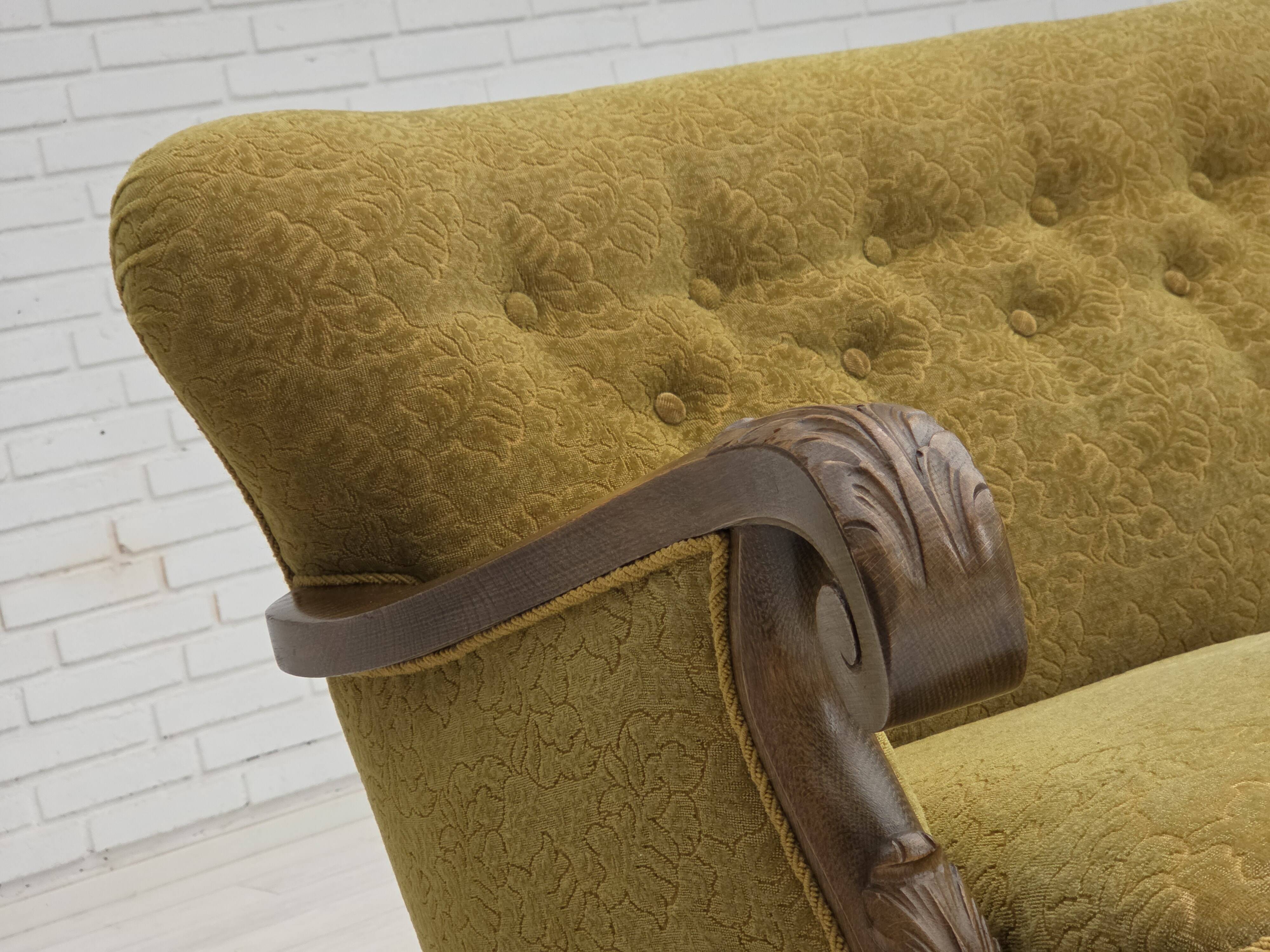 1960s, 3-seater Danish sofa, cotton/wool furniture fabric, solid oak wood.