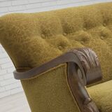 1960s, 3-seater Danish sofa, cotton/wool furniture fabric, solid oak wood.